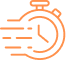 Chronomètre orange stylisé avec lignes de mouvement horizontales, évoquant la rapidité, l'efficacité et l'optimisation du temps.