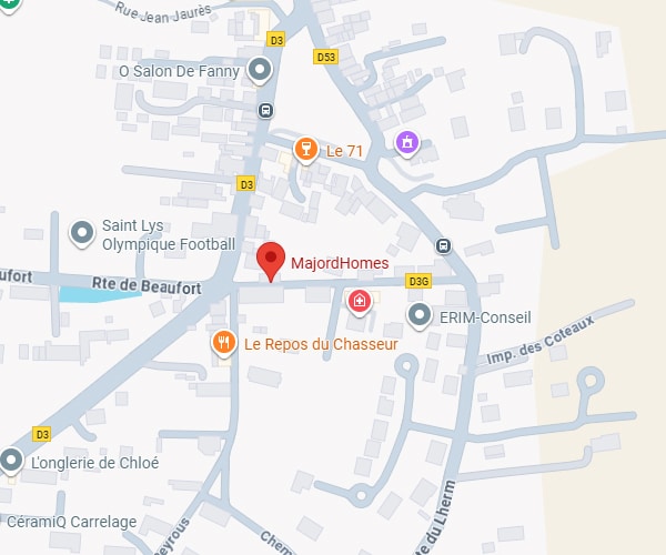 Carte de Saint-Lys montrant la localisation de MajordHomes sur la Rte de Beaufort, près de D3, D53 et lieux comme Le 71 ou Saint Lys Olympique Football.