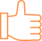 Icône pixelisée de pouce levé orange sur fond noir, symbolisant le 'j'aime' et l'approbation.
